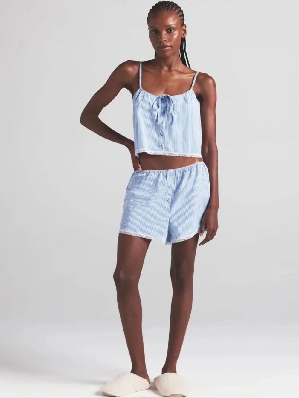 SKIMS Blue & White Striped Cotton Sleep Cami
